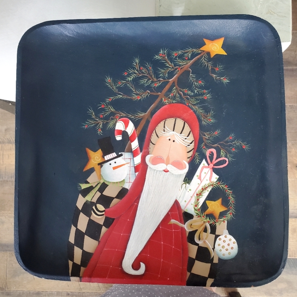 Folk Art Santa Art Handcrafted Wooden Holiday Platter 12" Square. USA PNW